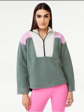 Relaxed Colorblock Quarter-Zip Fleece Pullover - Sage Green/Pink